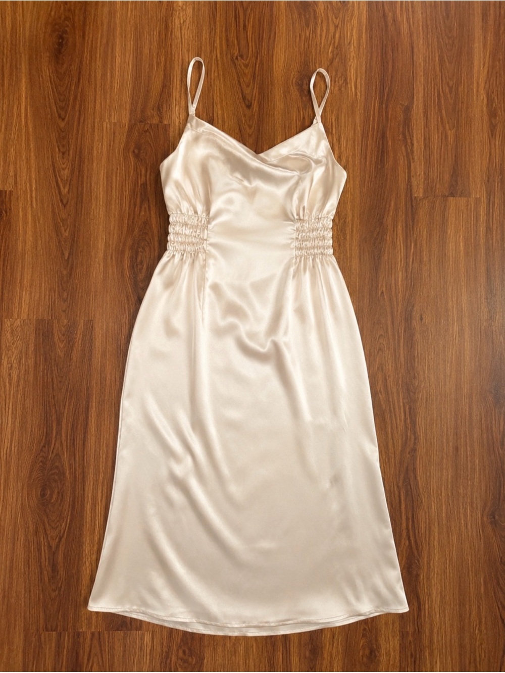 Ivory Satin Midi Slip Dress with Smocked Waist